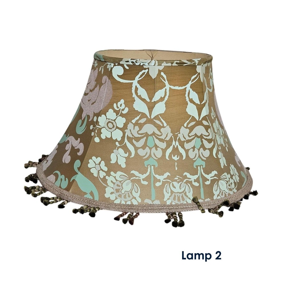 Vintage 1960s Hollywood Regency Lampshade Pair with Tassels, Green Acetate Satin - Picture 4 of 10